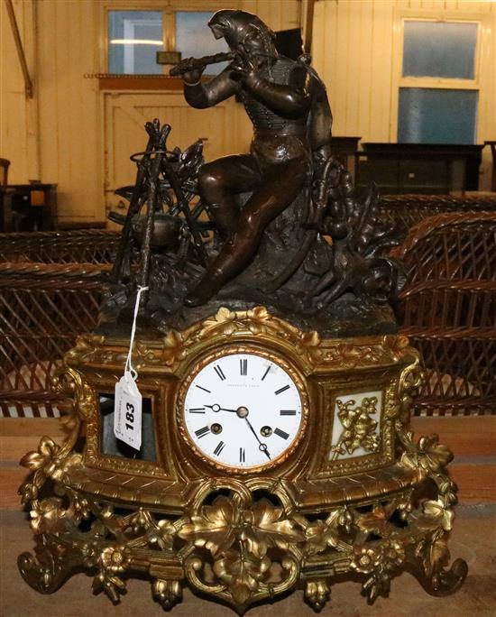 Large French gilt clock with figure & dog over(-)